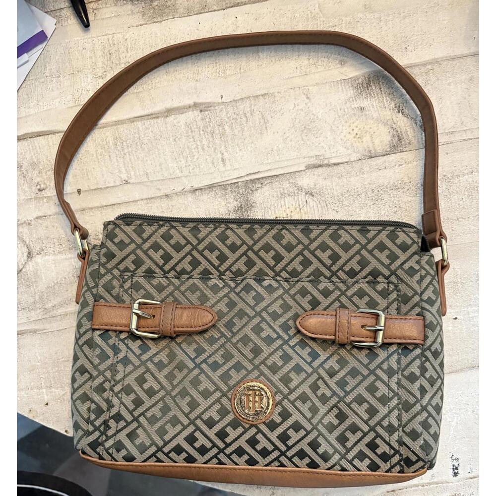 Tommy Hilfiger Green and Brown Crossbody Bag with Geometric Pattern **MINT**